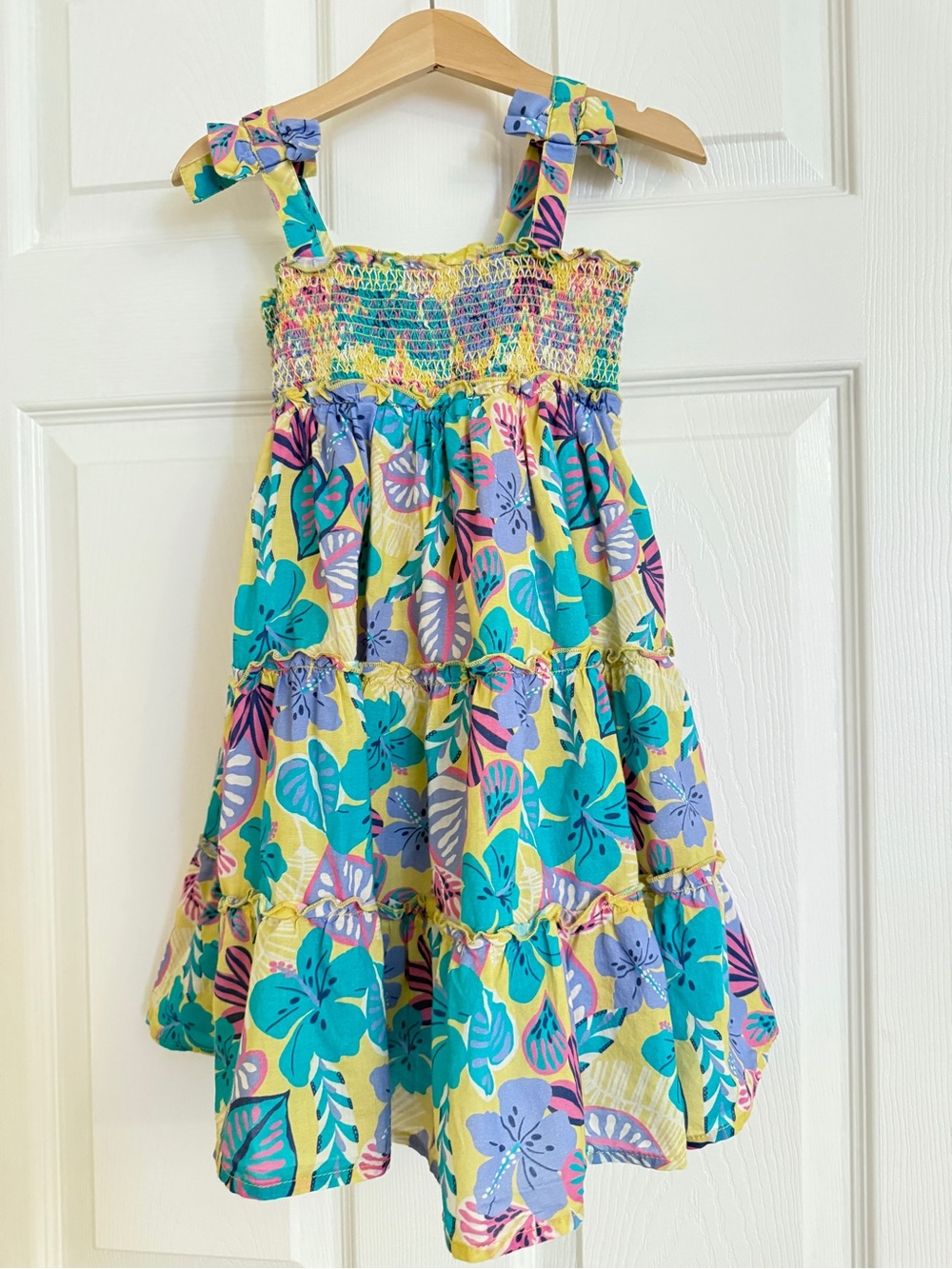 Cat & Jack Yellow Floral Tiered Smocked Sundress with Teal and Lavender Accents